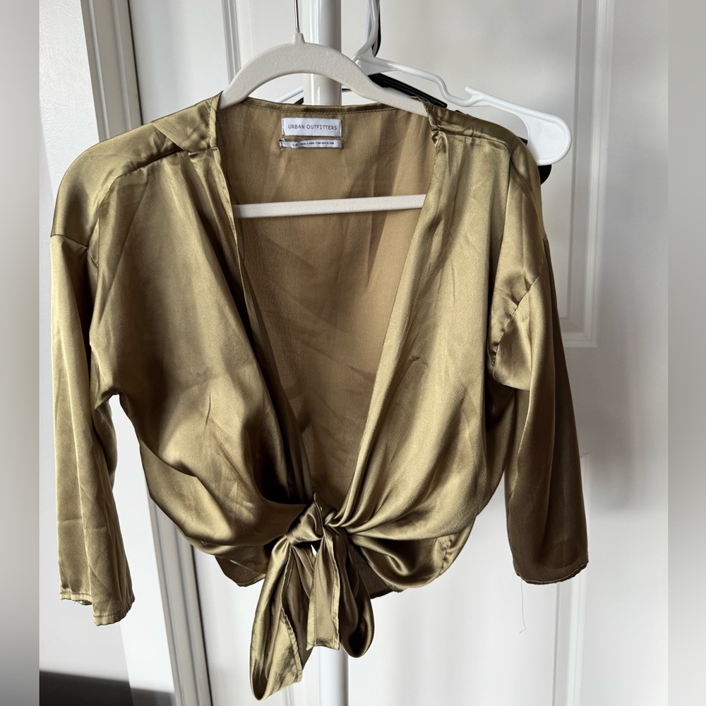 Urban Outfitters Olive Satin Tie-Front Blouse